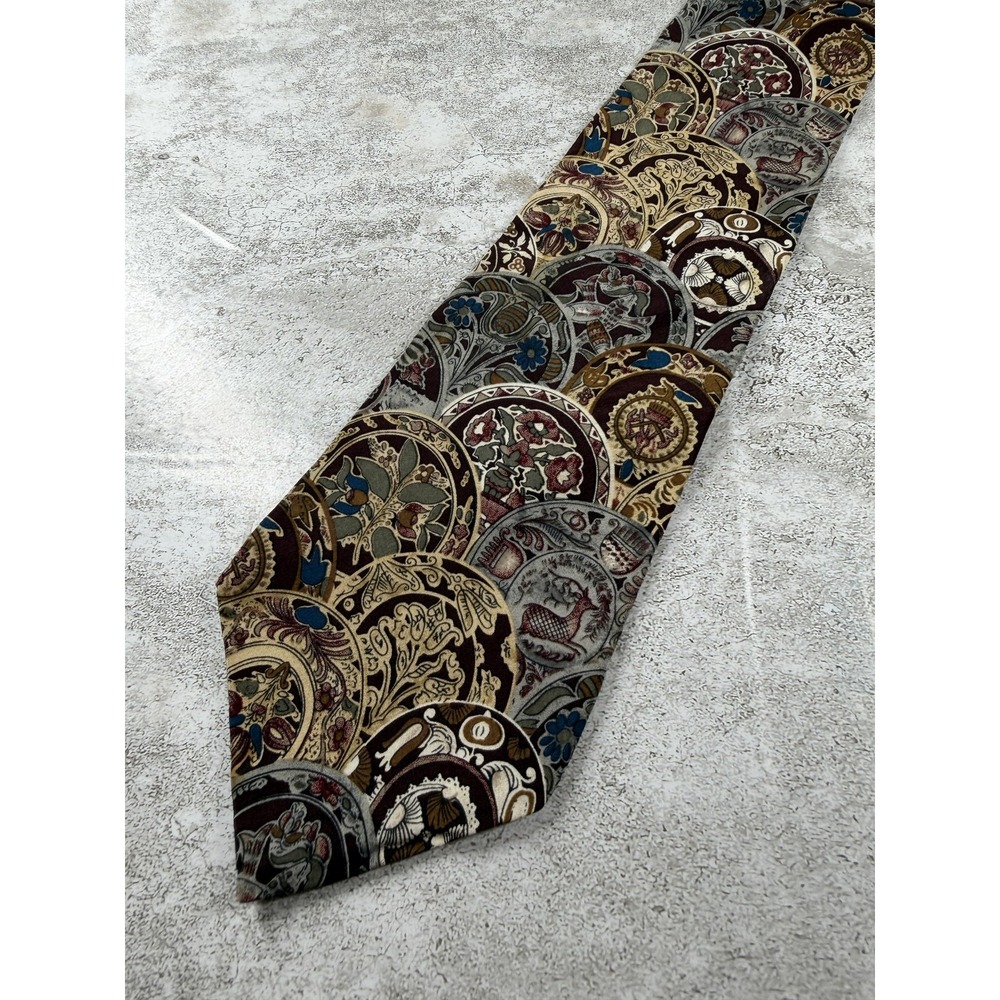 UNICEF 100% Silk Tie Mens One Size Brown Geometric Jacquard Pointed Necktie